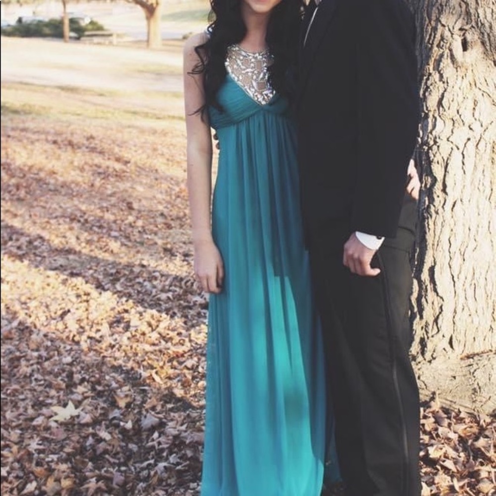 Blue petite formal dress with rhinestone accent